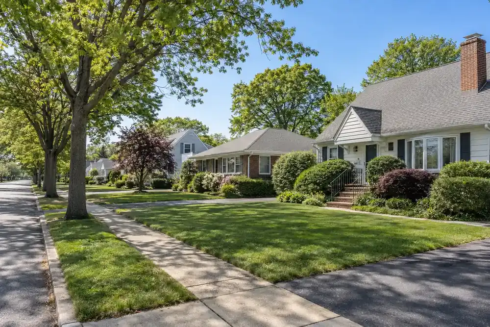 Modest houses with lawns, driveways and mature trees along a quiet residential street.