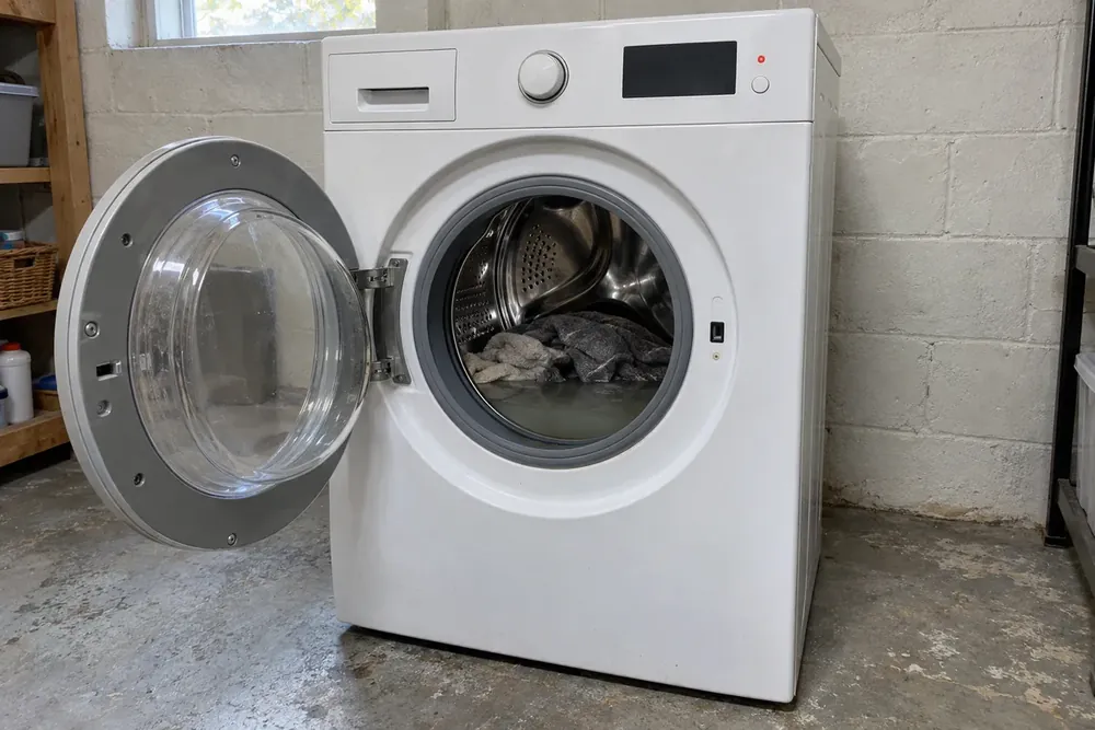 Front-load washer in a basement, door open, with grey water and wet towels left in the drum