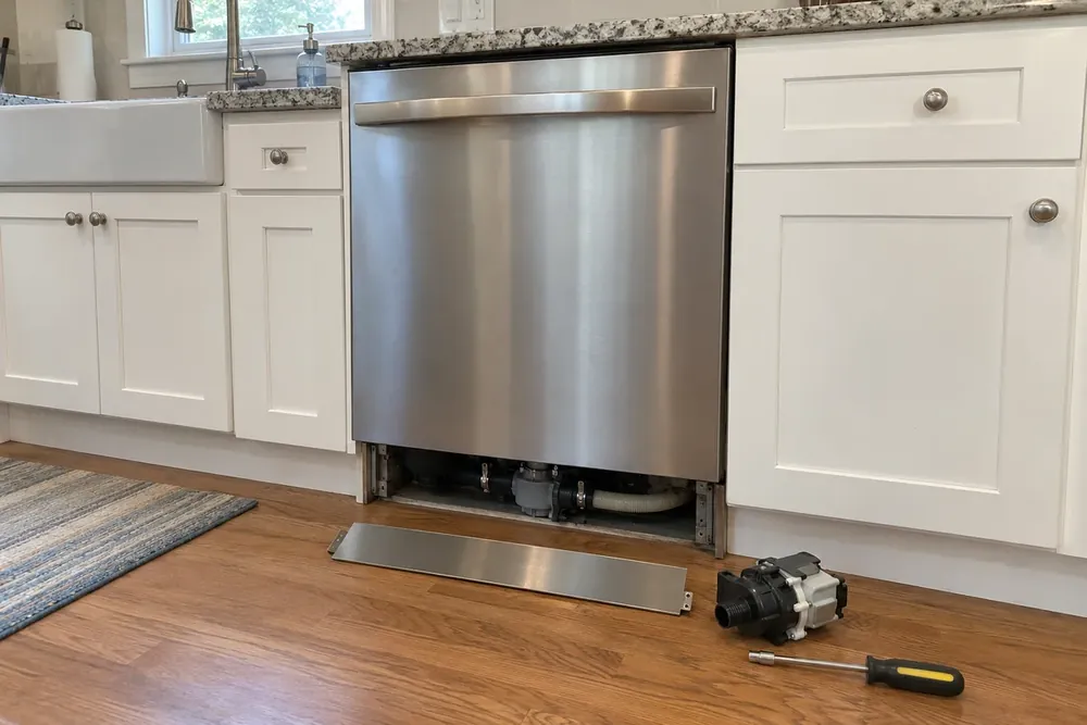 Dishwasher with kick plate removed exposing the drain pump; a replacement pump and nut driver lie in front