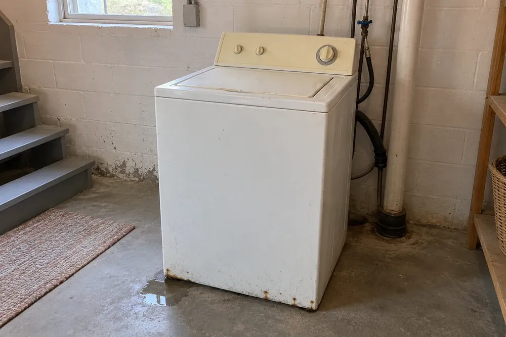 Older white top-load washer with rust spots along its base and a small puddle on a basement floor