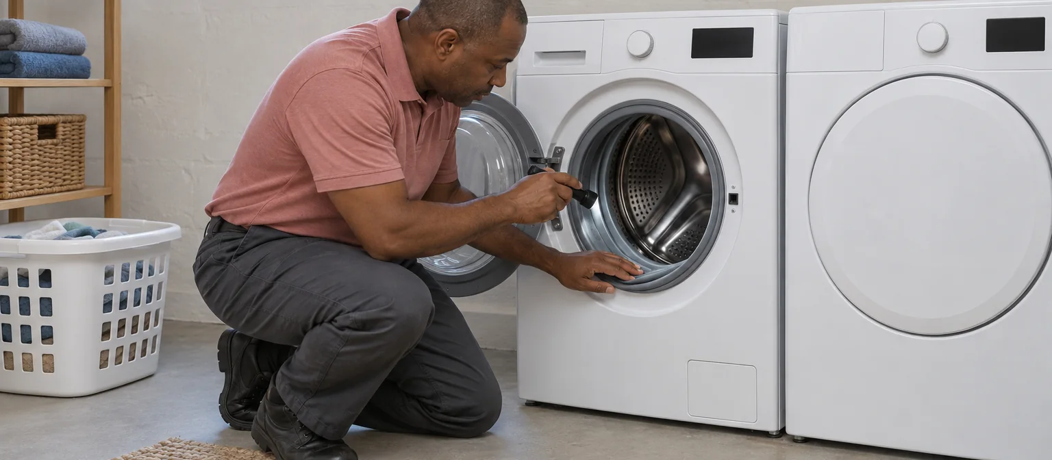 Technician kneeling beside an open front-load washer, examining the door gasket with a flashlight