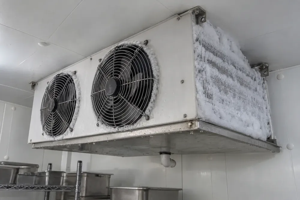 Heavy frost on a walk-in cooler evaporator coil and around both fan openings, above wire shelves