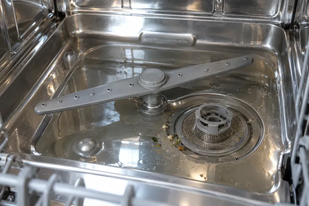 Standing water and food debris around a dishwasher's lower spray arm and round filter