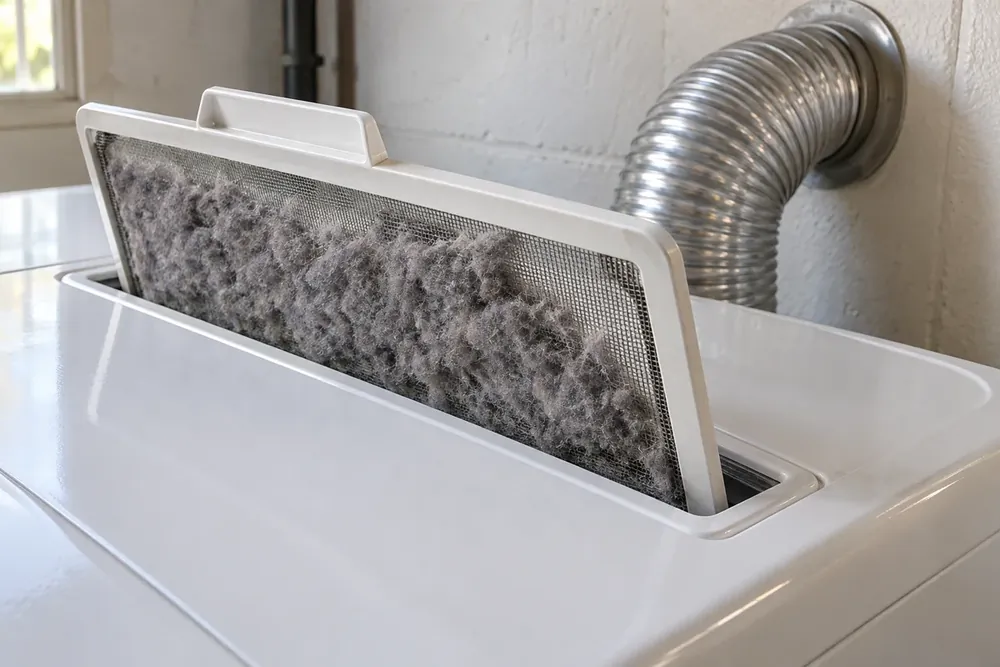 Dryer lint screen partly pulled out with thick grey lint and a vent hose behind.