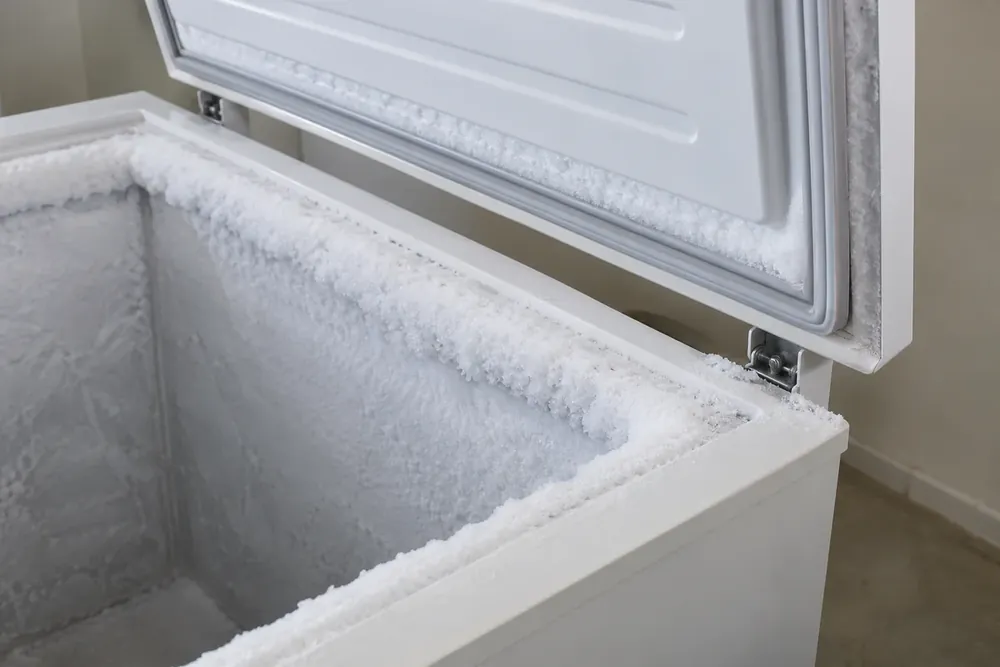 Thick frost along the rim and rubber seal of an open white chest freezer
