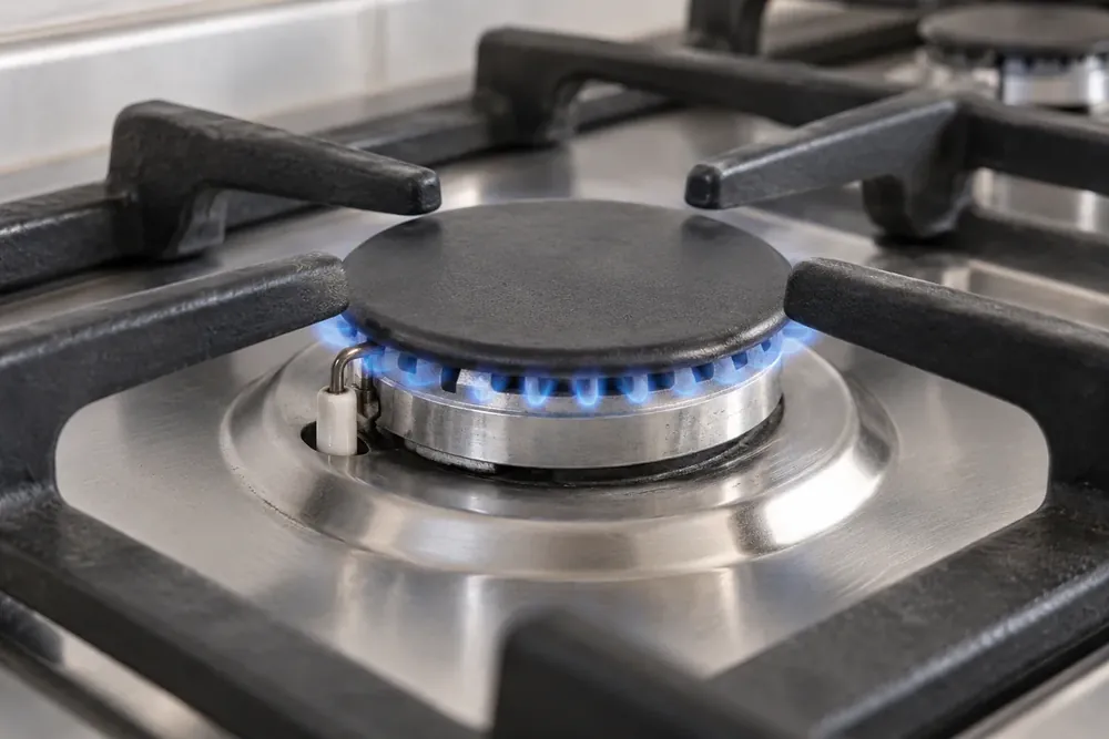 Small blue flame on a gas range burner beside the igniter tip and surrounding grates