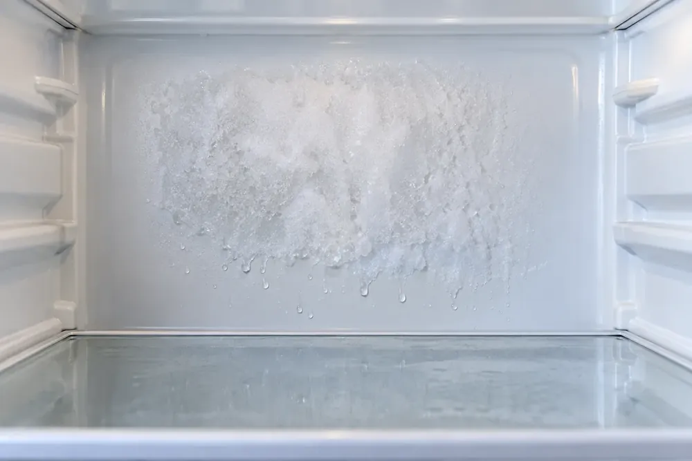 Frost covering the back wall of a refrigerator's fresh-food compartment, with water droplets below