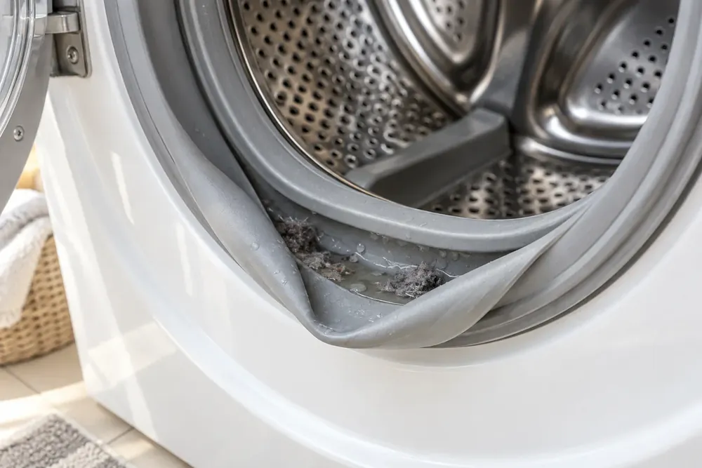 Front-load washer door gasket folded back, exposing the groove where water and lint collect.