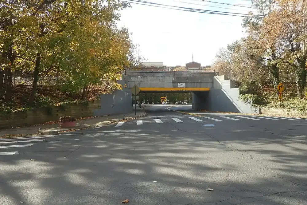 Chestnut Street passing under a low railroad bridge among autumn trees in Garden City, New York