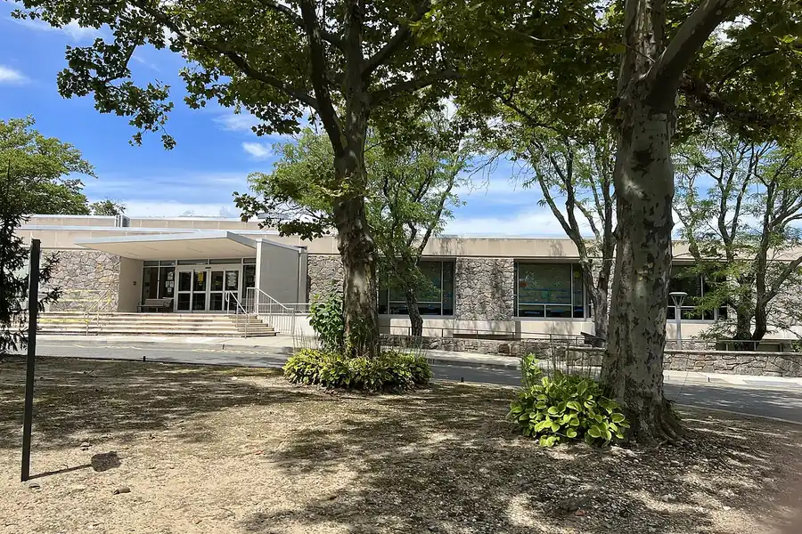 Low modern library building behind shade trees in Great Neck, New York