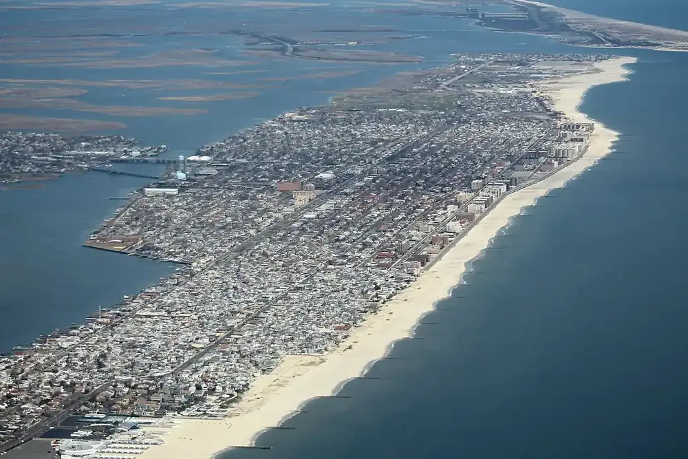Aerial view of the Long Beach barrier island with its ocean beach and bay, New York