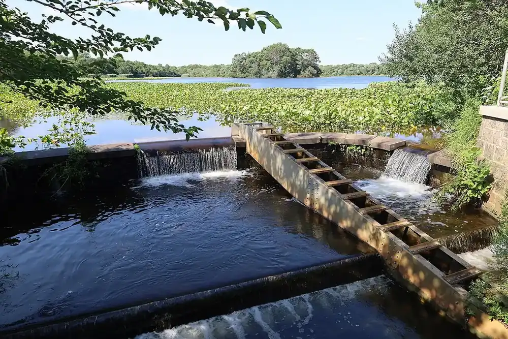Water spilling over a weir and fish ladder at Massapequa Lake in Massapequa, New York