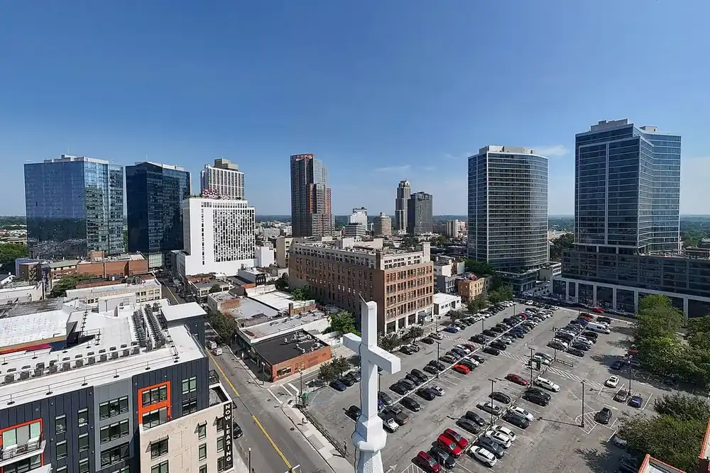 Downtown New Rochelle skyline of modern towers above low-rise streets, New York