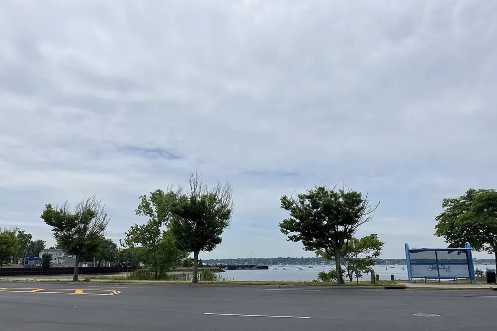 Waterfront road with trees overlooking Manhasset Bay in Port Washington, New York