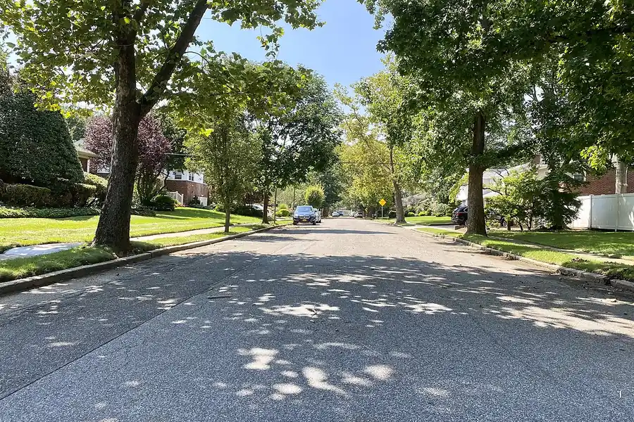 Quiet residential street shaded by mature trees with lawns and houses in Salisbury, New York