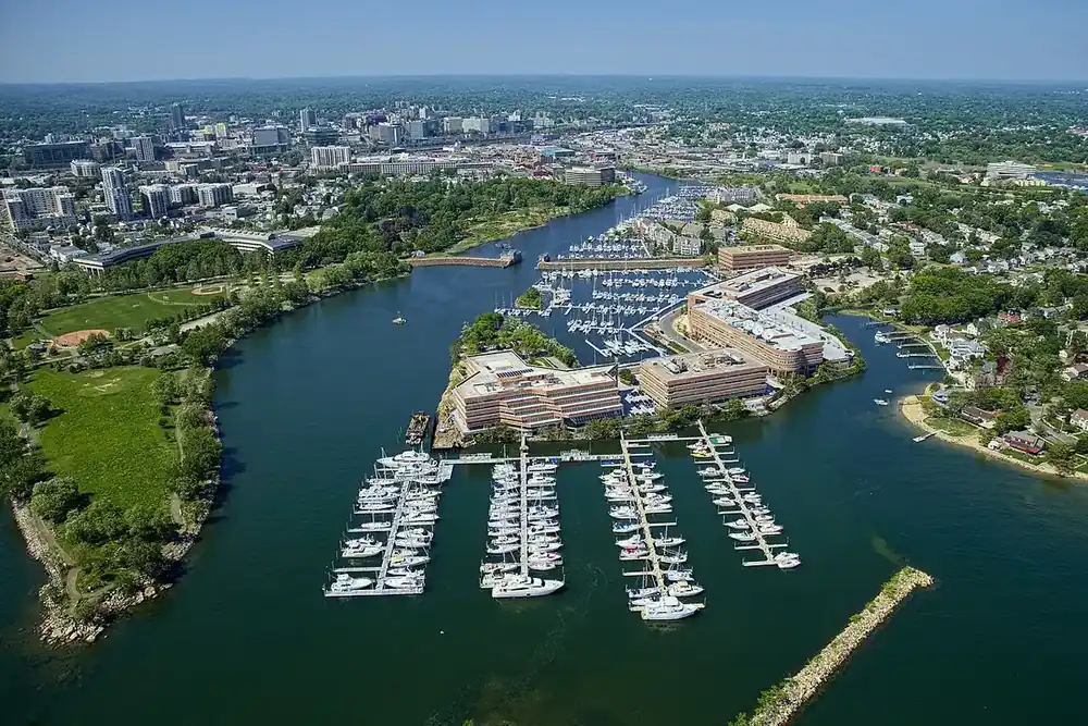 Aerial view of Stamford harbor with marinas and the downtown skyline, Connecticut