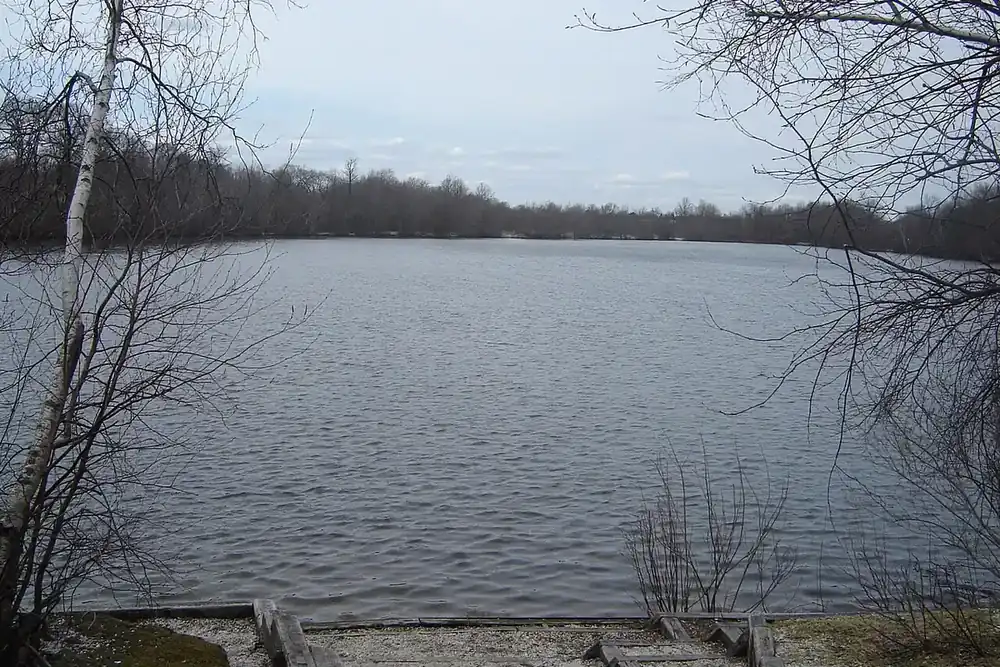 Calm water of the north lake at Twin Lakes Preserve framed by bare trees in Wantagh, New York